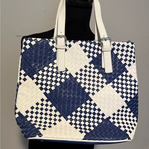 Blue & White Woven Faux Leather Tote Bag Large Checkerboard
